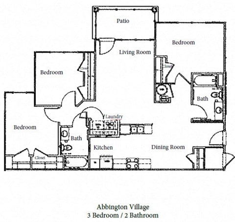 Floor plan for 3 beds, 2 baths, 1163 sqft
